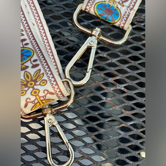 Crossbody Bag Strap In Cream with Blue And Gold. Gold hardware, 2 inches Wide. - Picture 7 of 8
